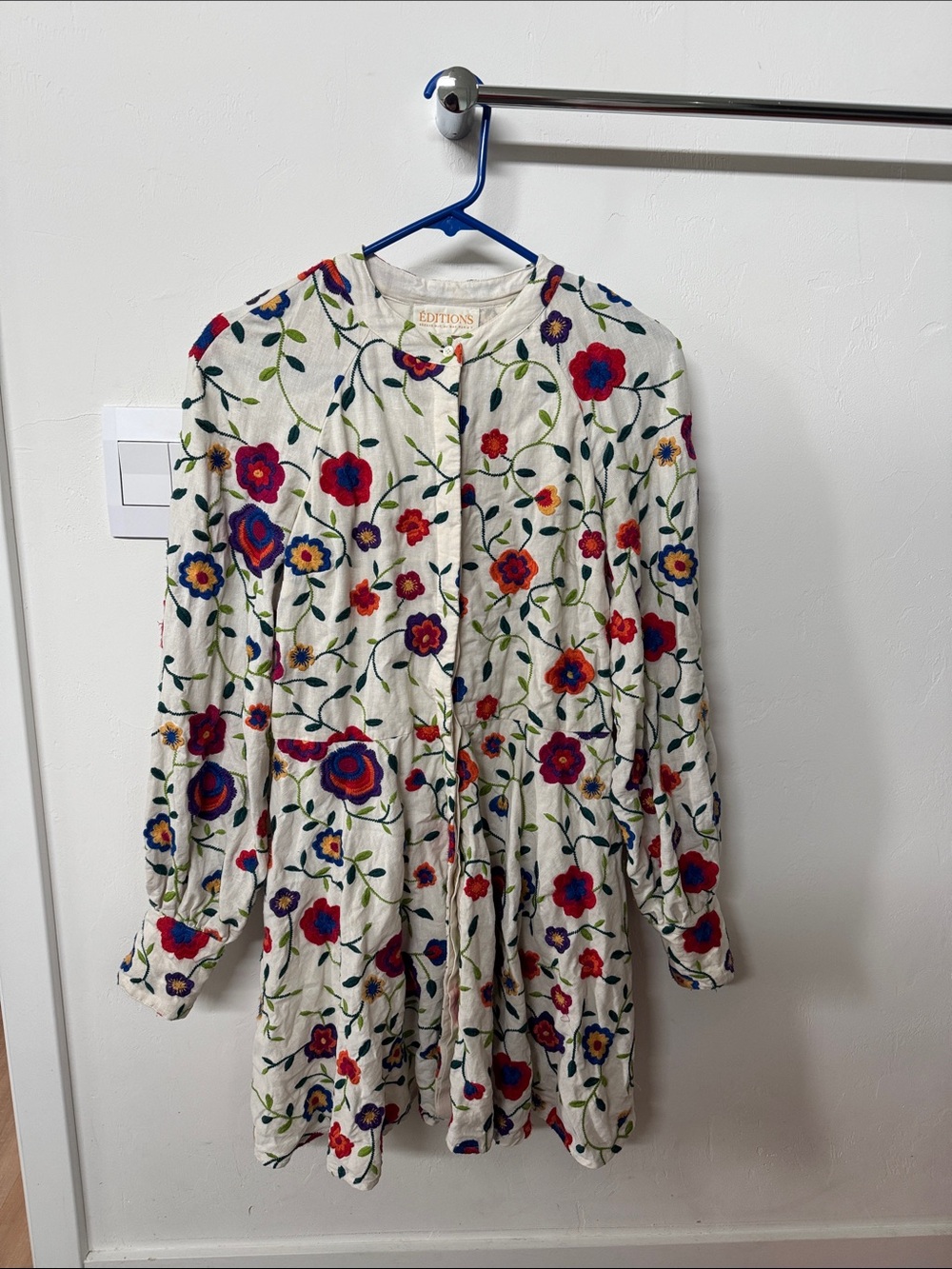Sezane White Long-Sleeve Floral Button Dress